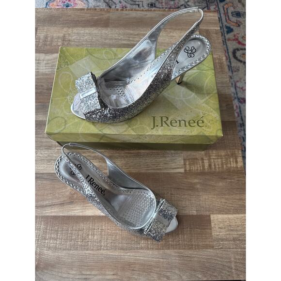 Women J Renee Silver Glitter Open Toe Slingback Pumps with Bow size 9 Cinderella - Picture 1 of 4